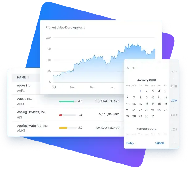 An illustration of a chart, a data grid, and a date calendar UI component