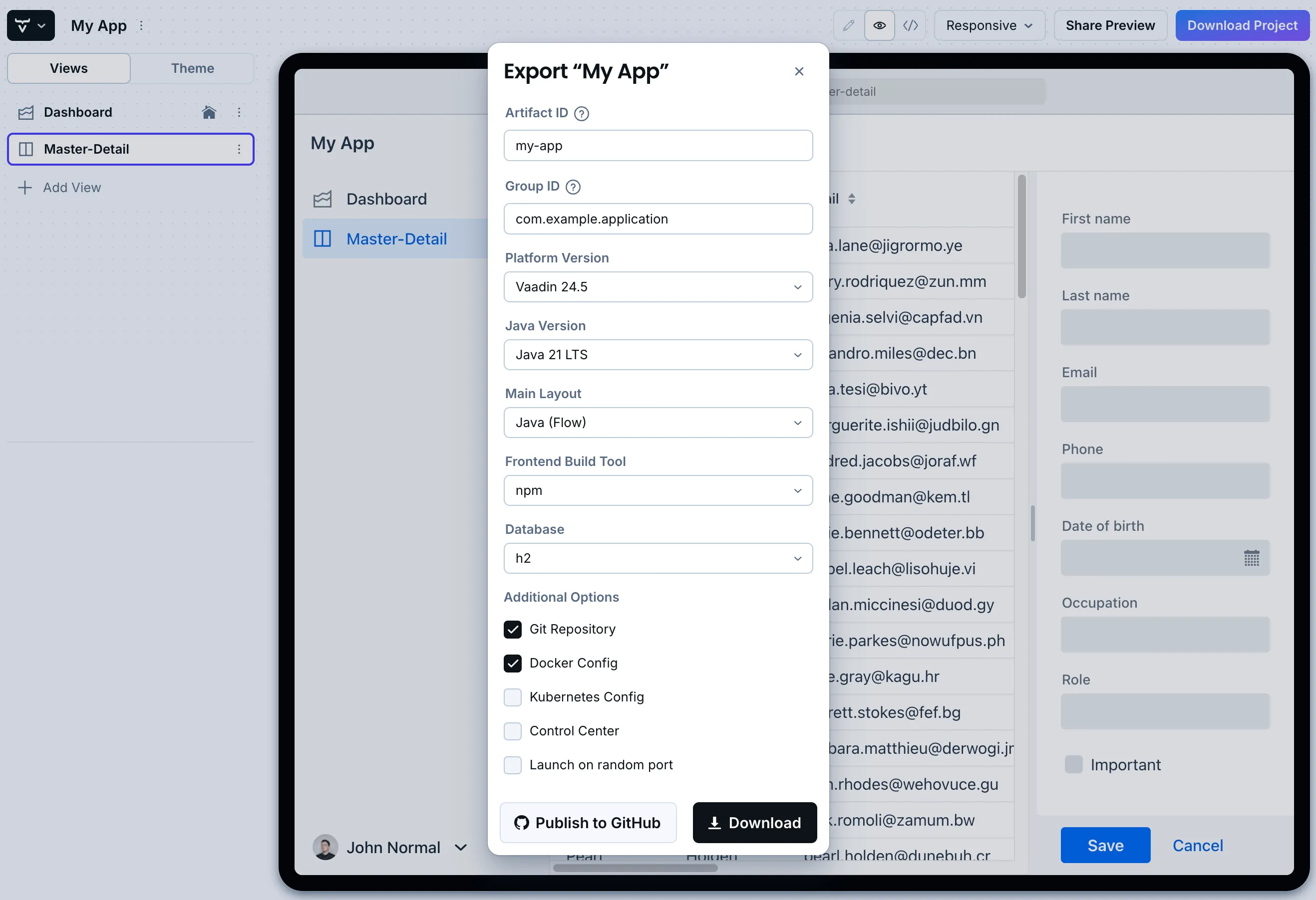 Vaadin Start UI with Download Project Dialog