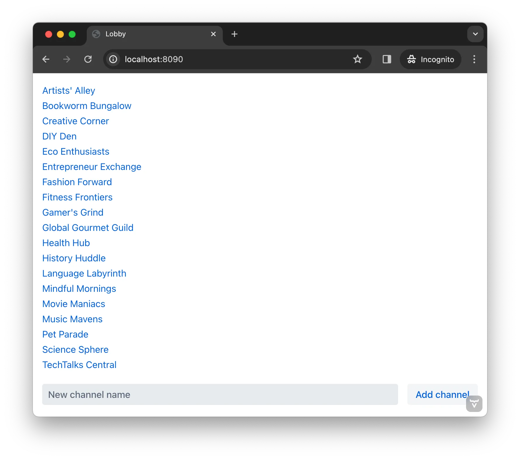 A web application with a listing of chat channels and an input field and button for creating new channels.