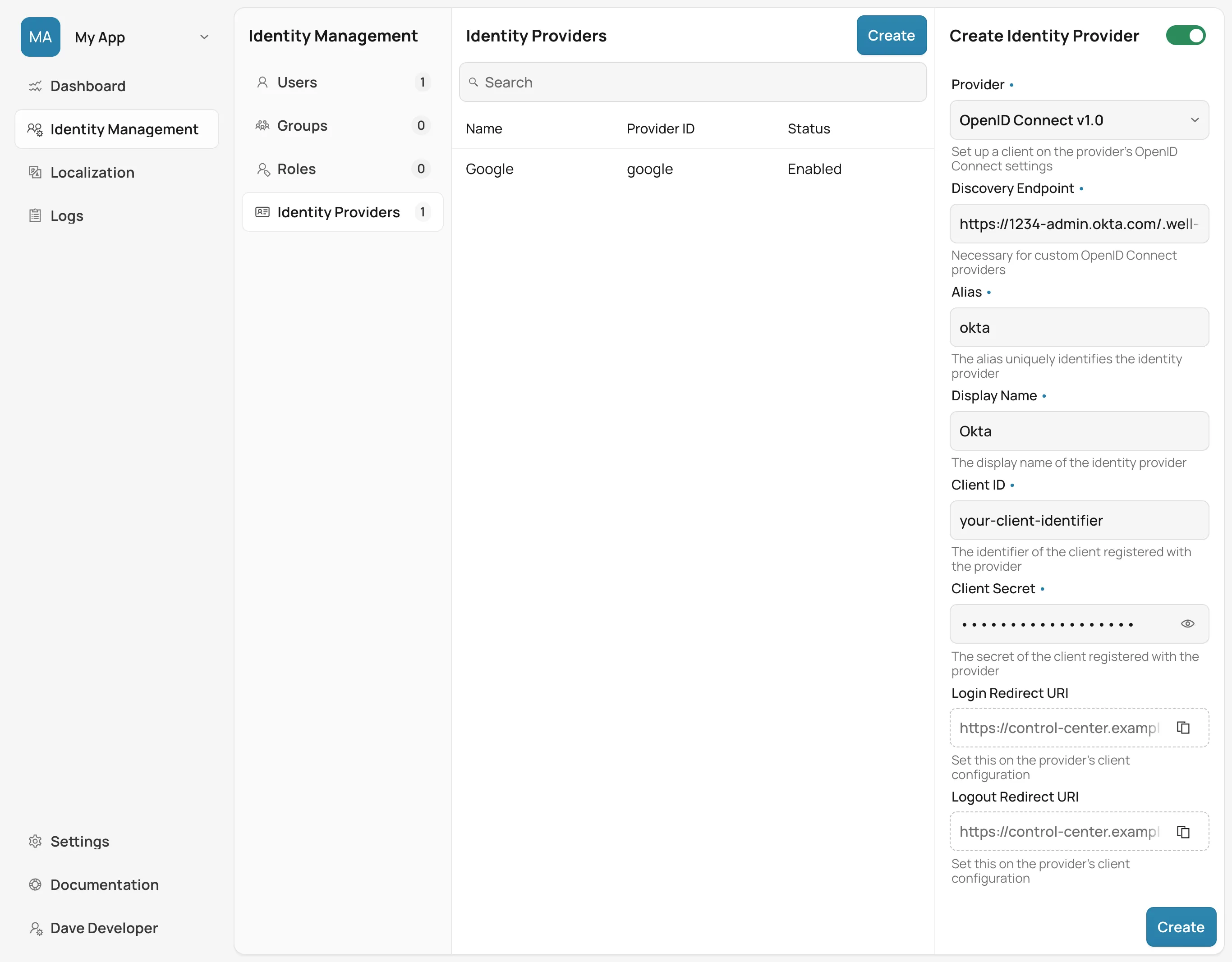 Create Custom Identity Provider Form