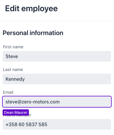 A form showing the email field is being edited by another user