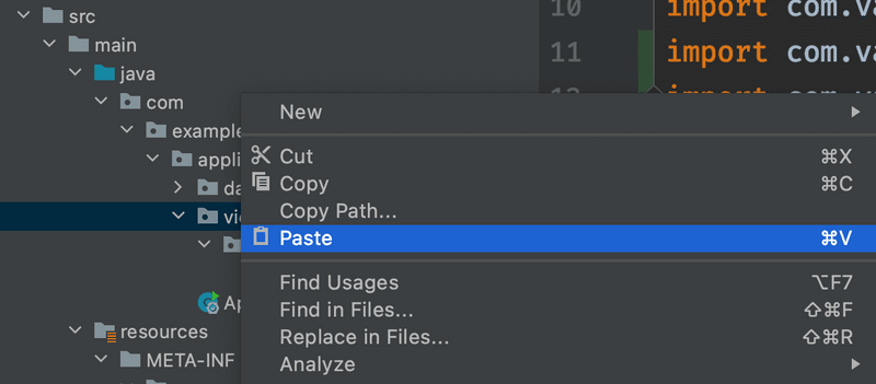 Create a file automatically by pasting a class definition into a Java package in IntelliJ IDEA.