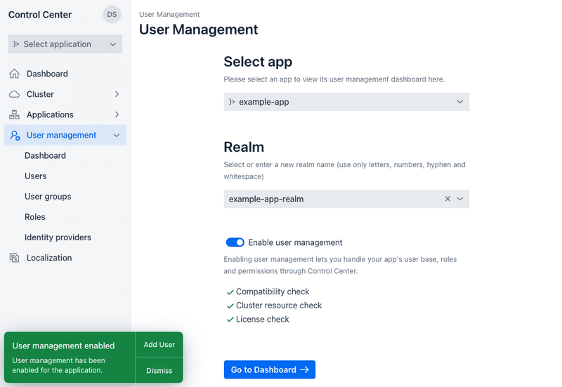 User management screen with application selected and feature enabled