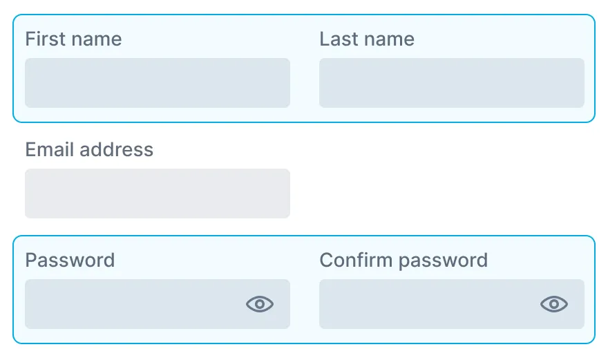 A form where the first name and last name fields share one Form Row, the email address field stands alone, and the password and confirm password fields share another Form Row