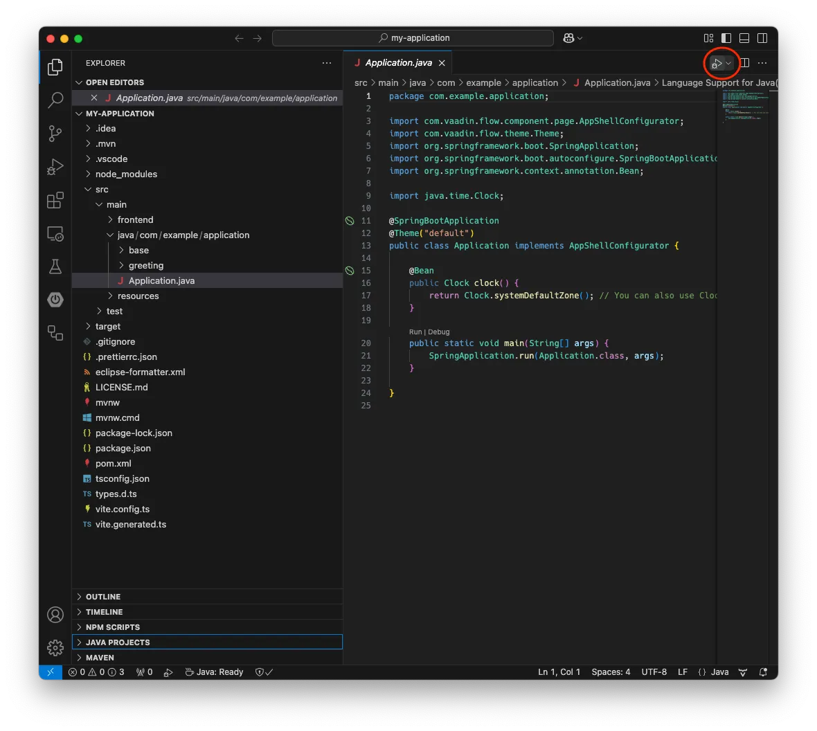 Run Java button in VS Code