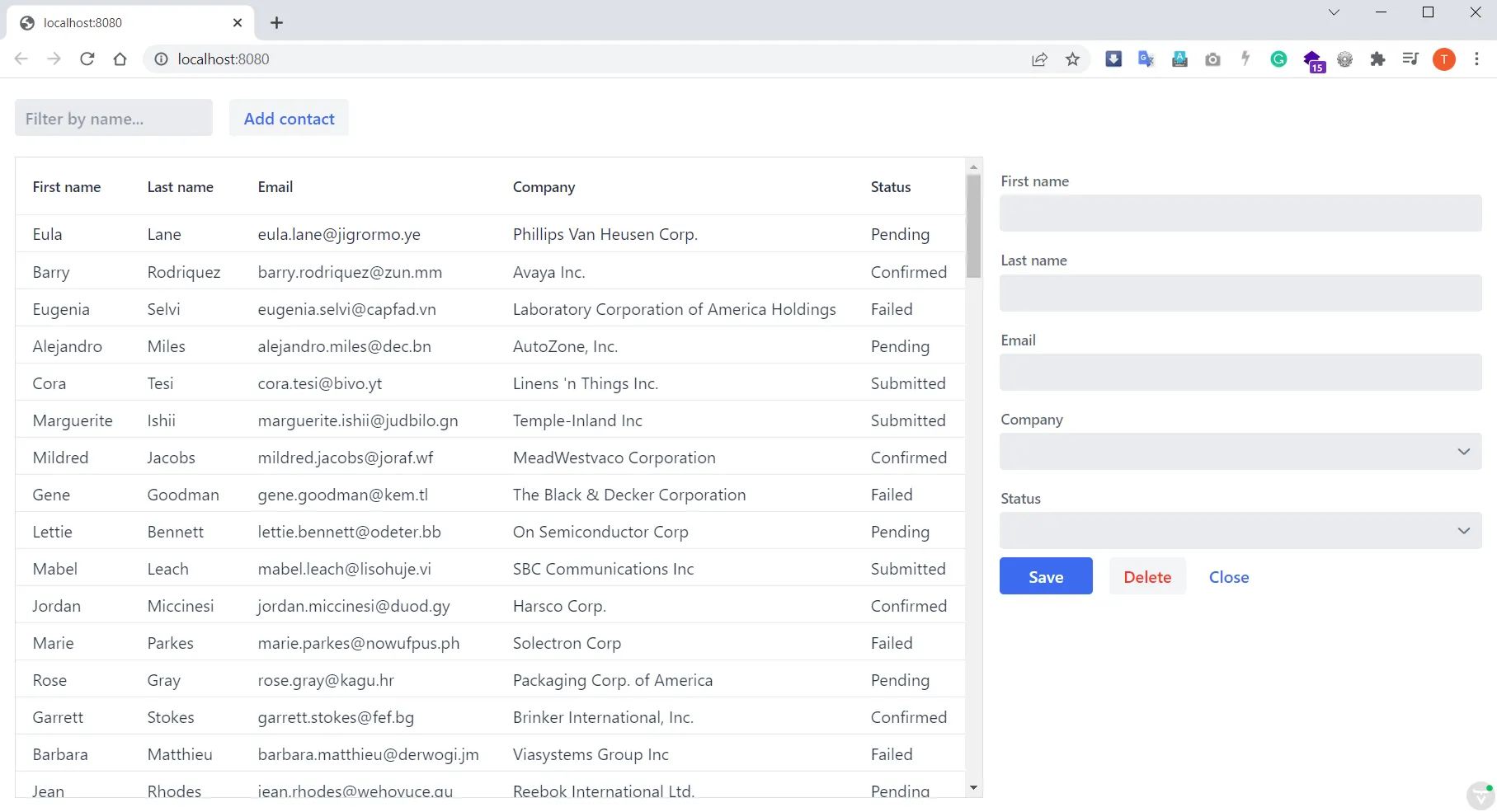 Grid configured and populated with items from the service.