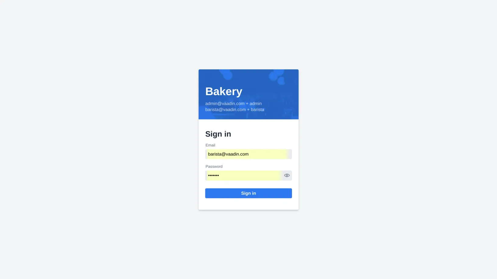 Bakery Login screen