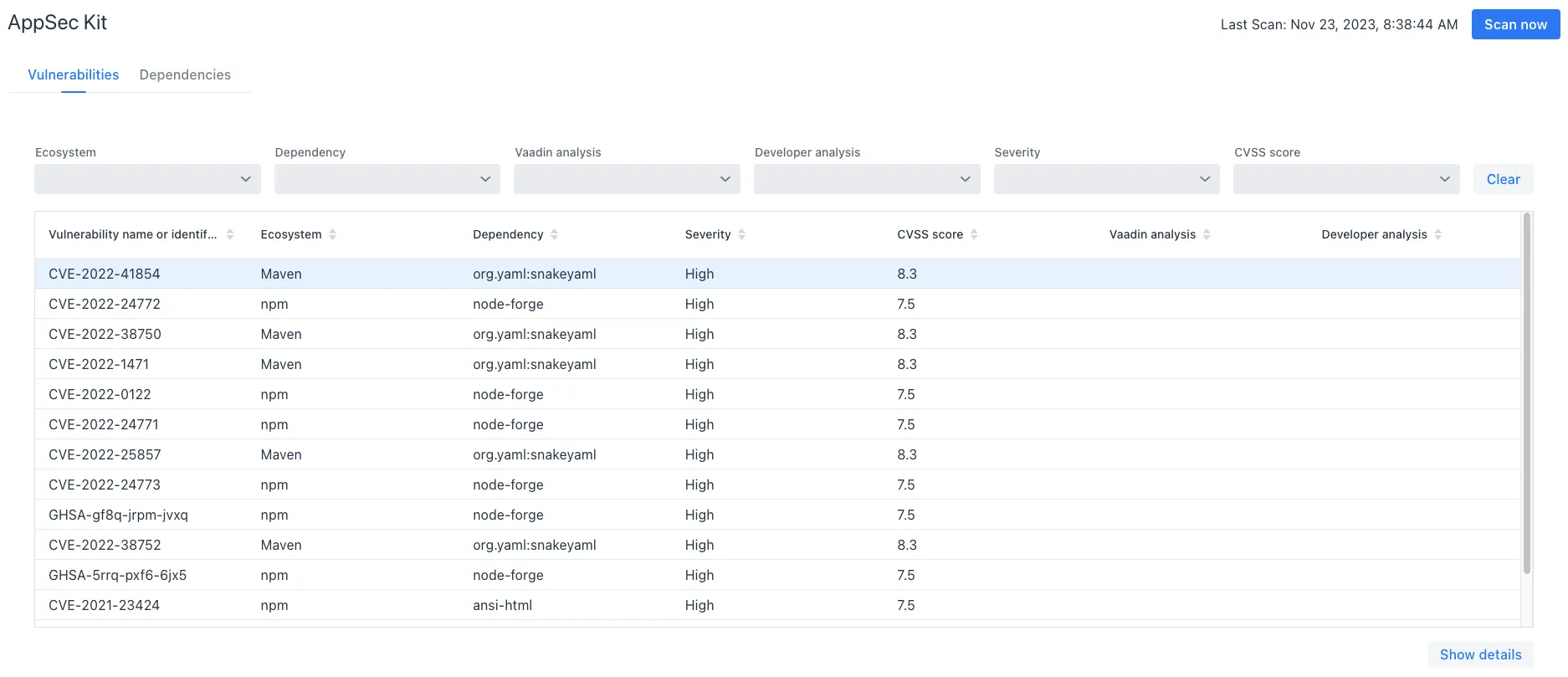 vulnerabilities tab