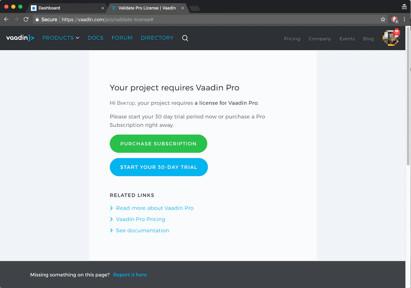 A new Vaadin subscription is required