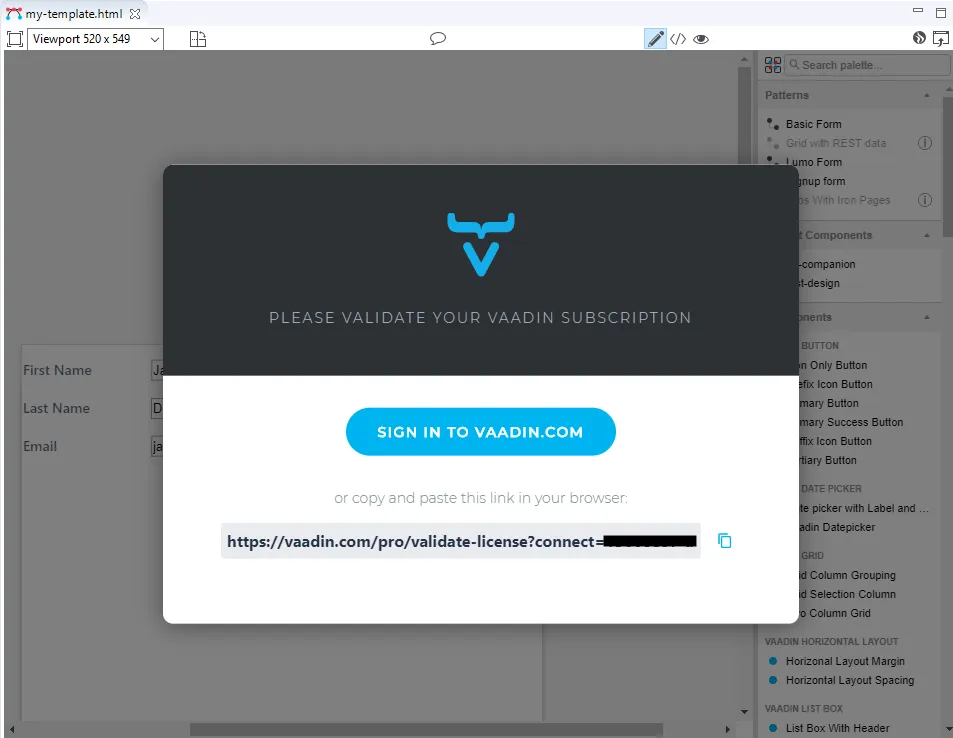 Vaadin license dialog