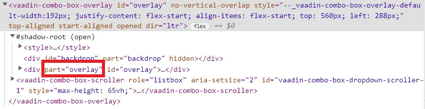 Vaadin combo-box-overlay element in the DOM with the overlay part highlighted