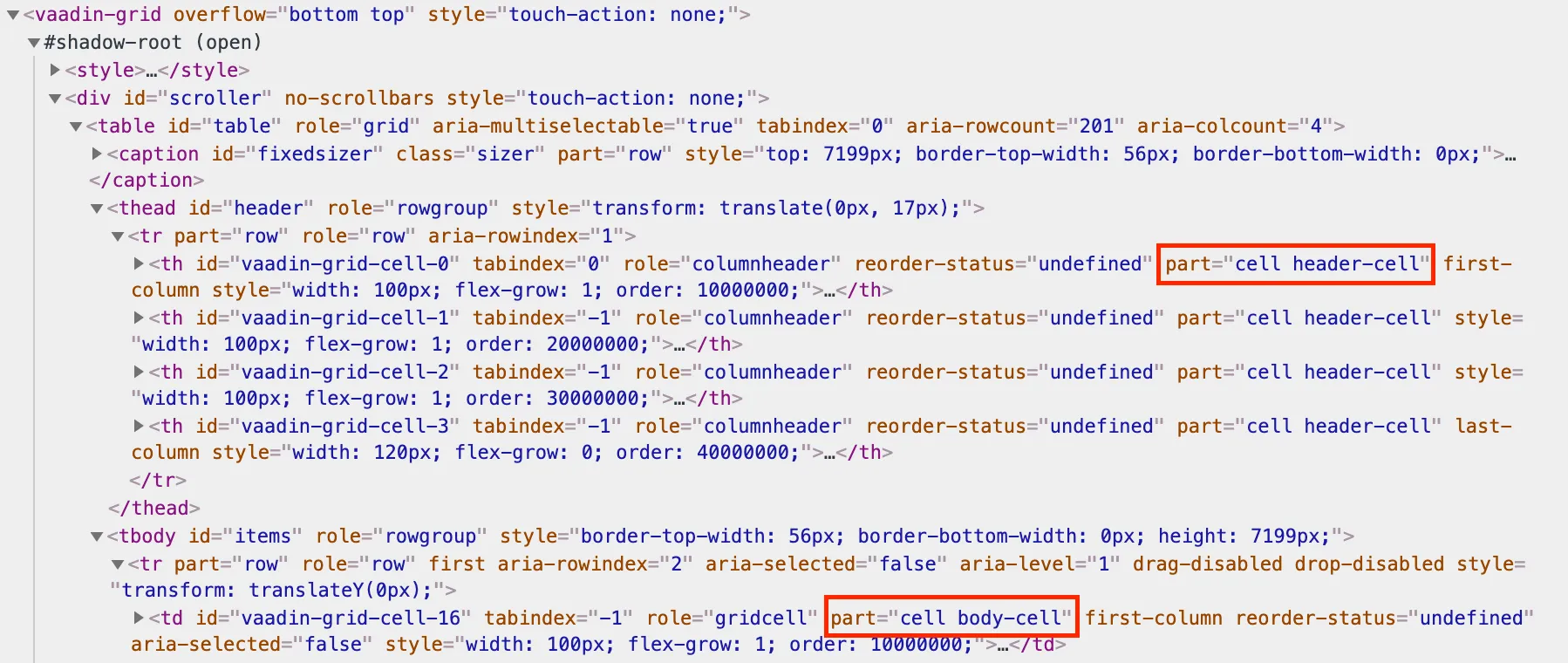 vaadin-grid shadow DOM where the stylable part names of header and body cells are highlighted