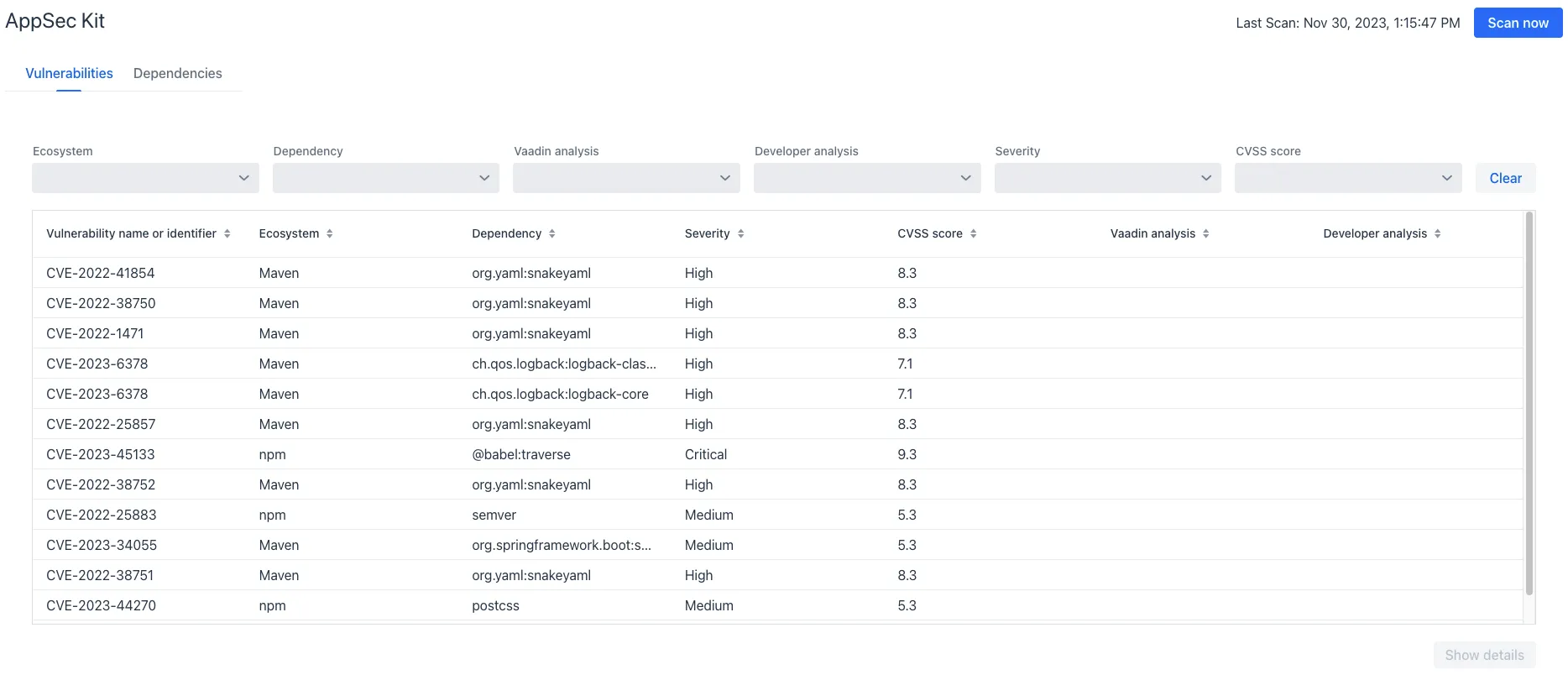 vulnerabilities tab