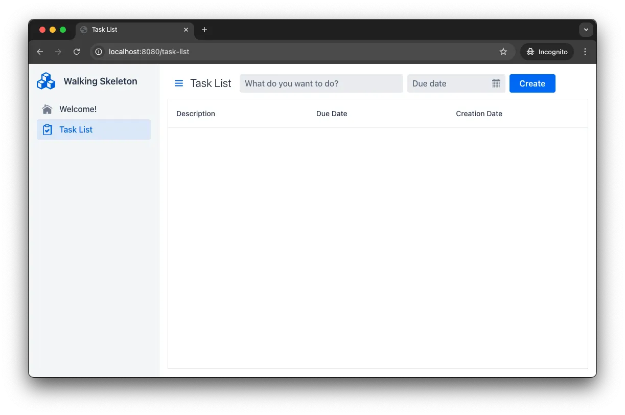 A walking skeleton running in the Chrome web browser