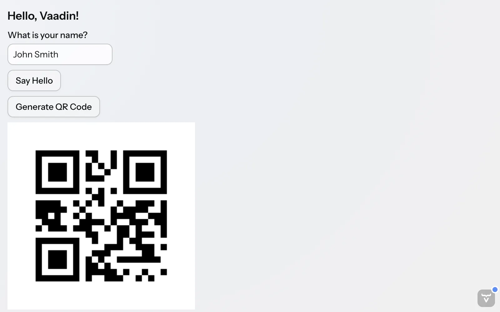 The Vaadin view with a button to generate a QR code