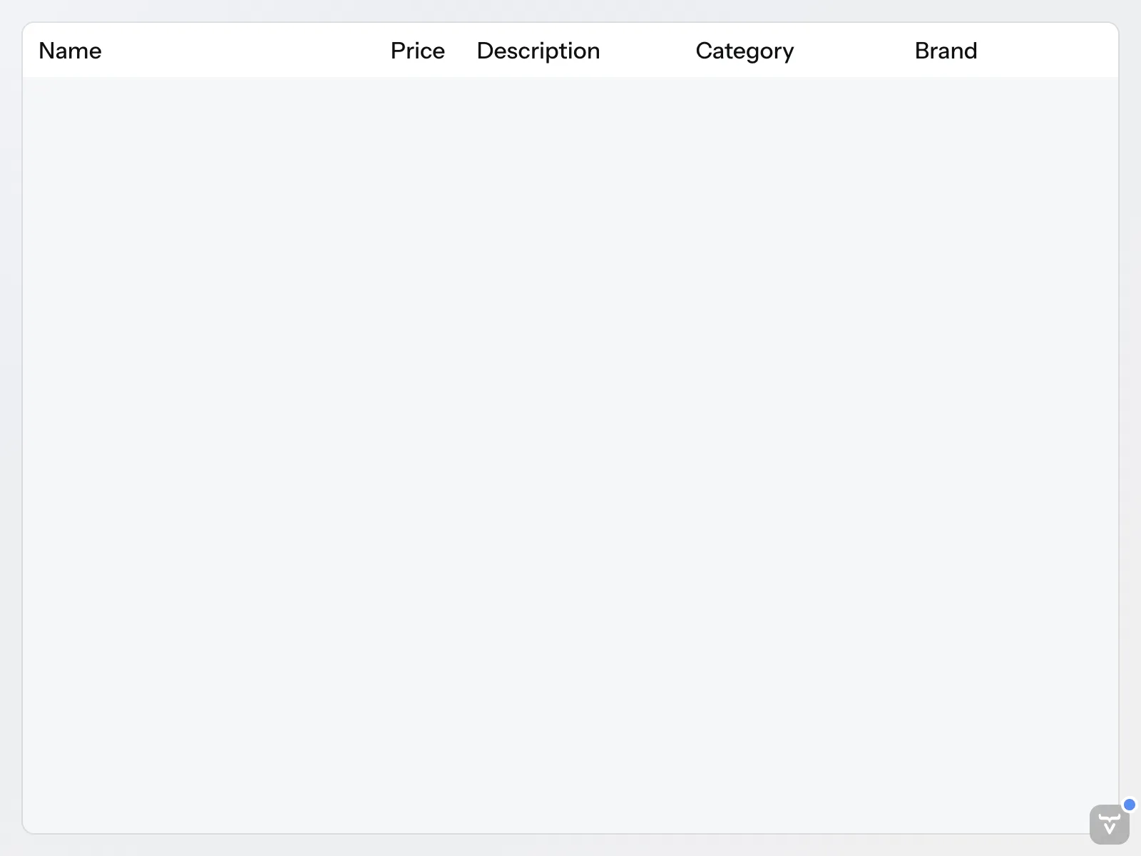 The product catalog view with an empty grid