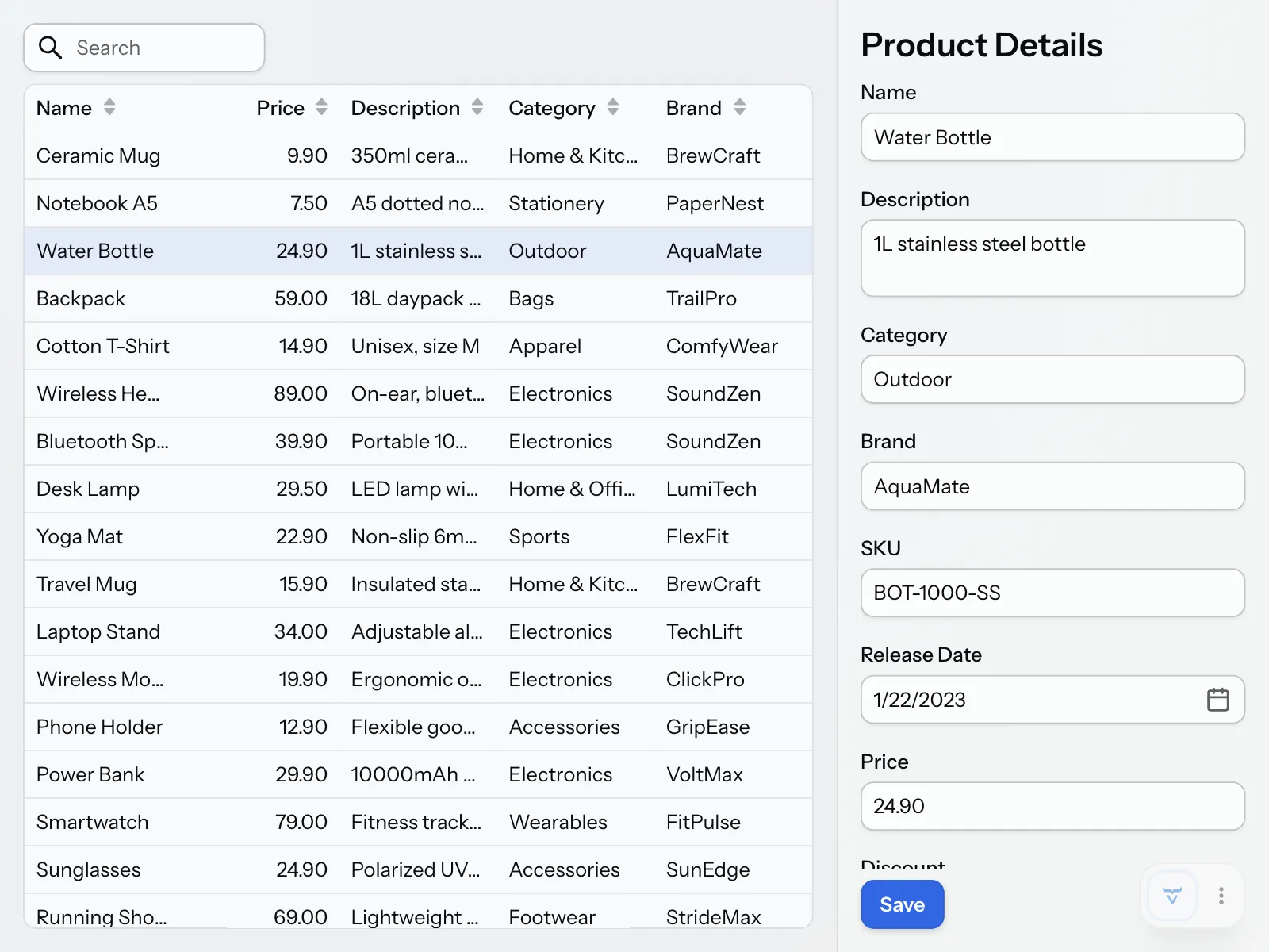 The product drawer with a save button