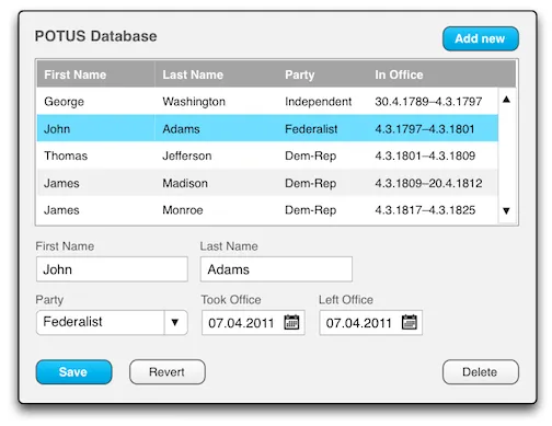 POTUS Database CRUD example