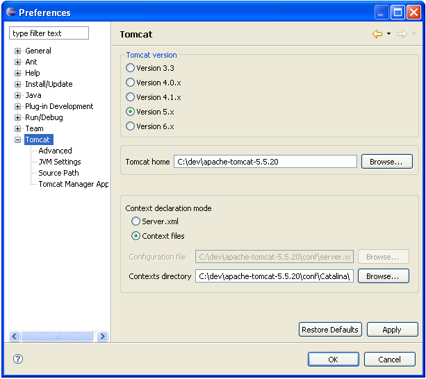 Sysdeo Tomcat Plugin Settings in Eclipse