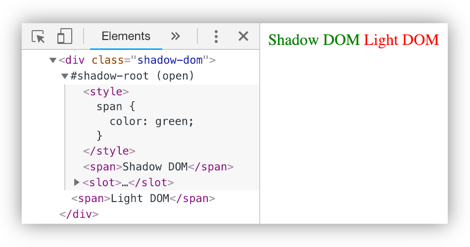The words Shadow DOM written in green followed by the words Light DOM in the color red.