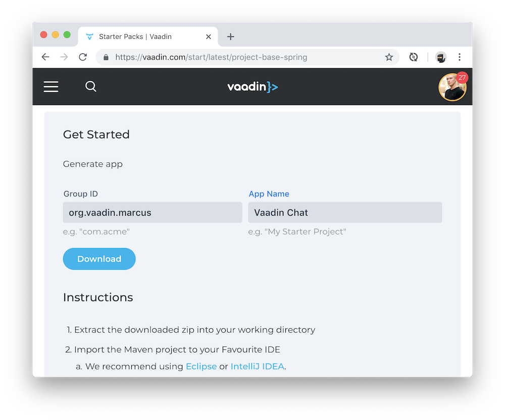 Vaadin Spring starter download page.